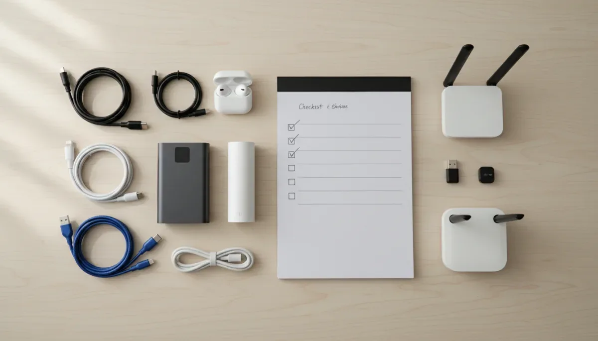 Varios accesorios electrónicos como cables y adaptadores sobre una mesa junto a una lista de verificación.
