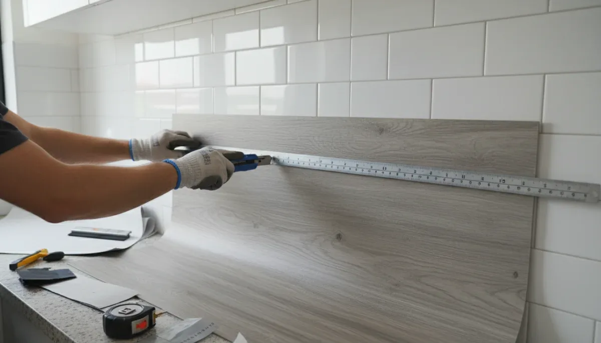 Herramientas de medición y corte para colocar vinilos adhesivos en azulejos de cocina