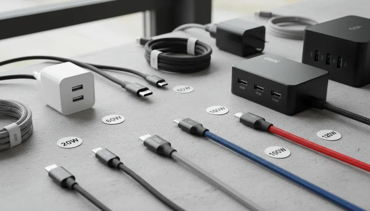 Varios adaptadores y cables compatibles con cargadores USB tipo C mostrando especificaciones técnicas