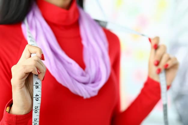 A close-up of a measuring tape being used to measure a woman's bust. The background is blurred, focusing on the precise action of taking measurements for clothing.