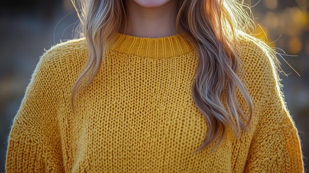 A close-up shot of a woman wearing a SHEIN mustard yellow knit sweater. The sweater has a chunky knit texture and a relaxed fit. The woman is smiling and looking directly at the camera. The background is blurred, focusing the attention on the sweater and the woman's expression.