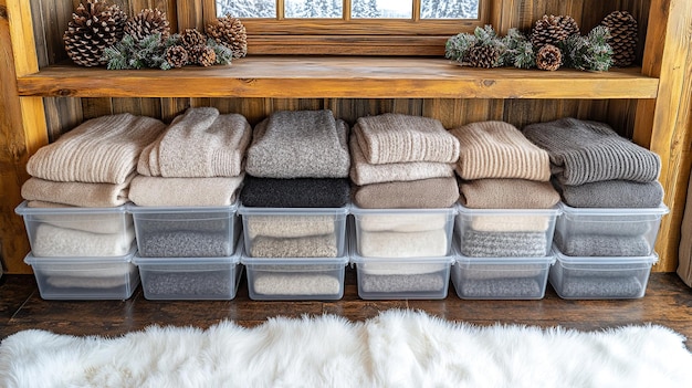 A set of SHEIN storage boxes with fabric lining, placed on a shelf in a bedroom. Items like folded sweaters and scarves are neatly arranged inside the boxes.