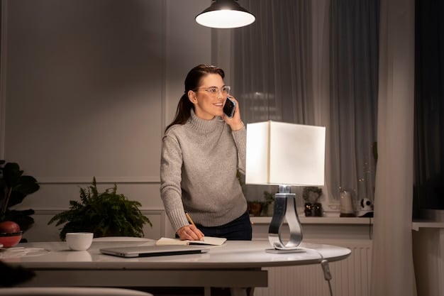 A home office setup with smart lighting, showcasing how adjustable brightness and color temperature can improve productivity and comfort.