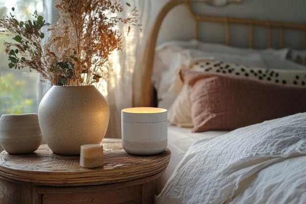 A stylish bedroom featuring a SHEIN diffuser on a nightstand, along with soft lighting and cozy bedding. The ambiance is serene and inviting, emphasizing the role of aromatherapy in creating a relaxing sleep environment.