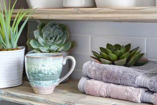 Close-up of a well-organized bathroom shelf with rolled towels, small succulents, and decorative jars filled with bath salts. The color scheme is predominantly white and natural wood.