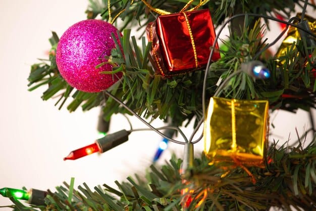 A close-up of a Christmas tree decorated with a variety of ornaments and lights from SHEIN, showcasing different styles and textures. The focus is on the details of the ornaments and the warm glow of the lights.
