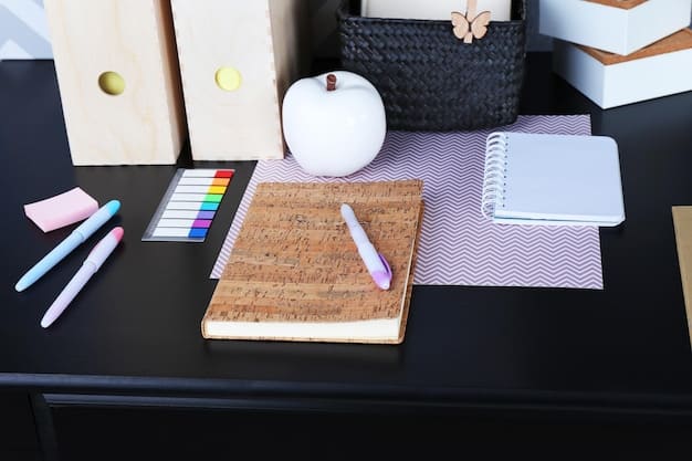 A close-up shot of a SHEIN desk organizer filled with pens, notebooks, and sticky notes on a wooden desk. A small potted plant and a smartphone are also visible, creating a cozy and organized workspace.