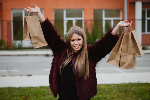 A person happily holding several SHEIN shopping bags, showcasing a successful Black Friday shopping haul. The focus should be on the joy and satisfaction of finding great deals.