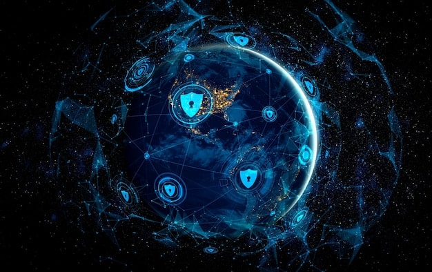 A graphic representation of a security shield overlaying a network of interconnected IoT devices. The background shows a matrix-like grid with binary code, emphasizing the digital and networked nature of the devices. The overall color scheme is dark blue and green, conveying a sense of security and technology.