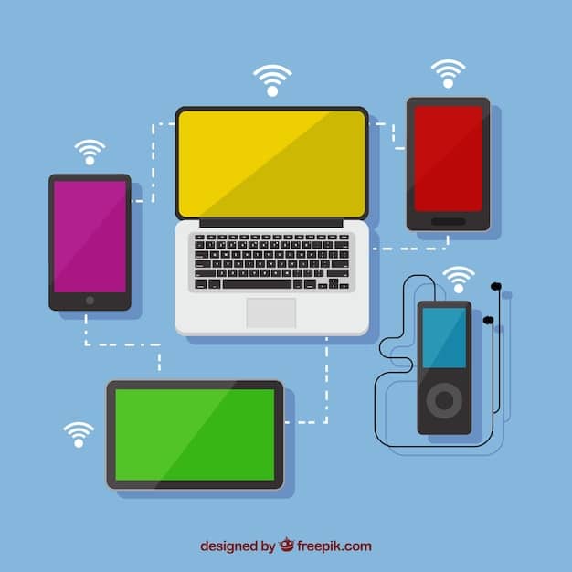 A graphic illustrating different types of electronic devices (smartphones, laptops, tablets) connected by lines representing data transmission. The lines are color-coded to indicate different types of data being transmitted (location data, browsing history, personal information).
