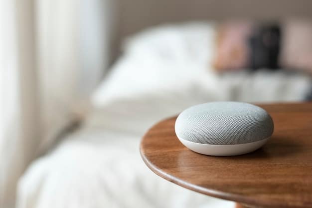 A close-up shot of a Google Home device on a bedside table, with a smartphone displaying the Google Home app interface. The screen shows options for controlling smart lights and temperature settings. The overall lighting is soft and warm, suggesting a cozy and tech-enabled home environment.