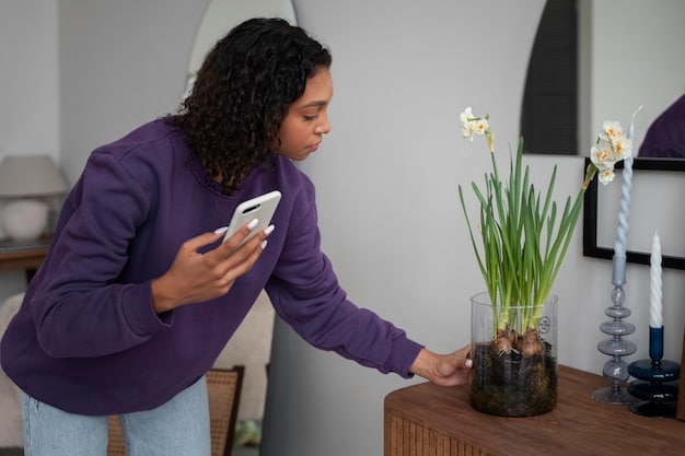A person using the Google Home app on their smartphone to create a custom routine, showing the screen where they can select different actions such as turning off lights and adjusting the thermostat. The background shows a cozy living room with smart home devices. The focus is on the ease and customization offered by the app.