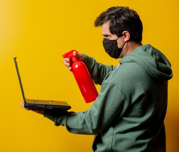 A person using a can of compressed air to clean the inside of a laptop, with the focus on the dust being expelled from the fan area. The background is a well-lit workbench with various tools for electronics repair.