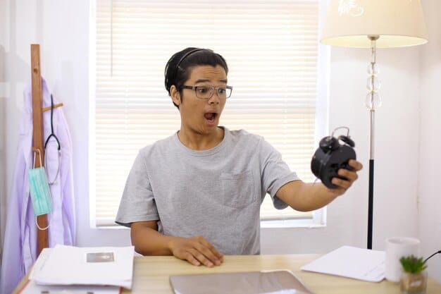 A student wearing a smartwatch and using a smart speaker to set a reminder while studying at a desk. The scene showcases the integration of these gadgets into daily student life for organization and productivity.