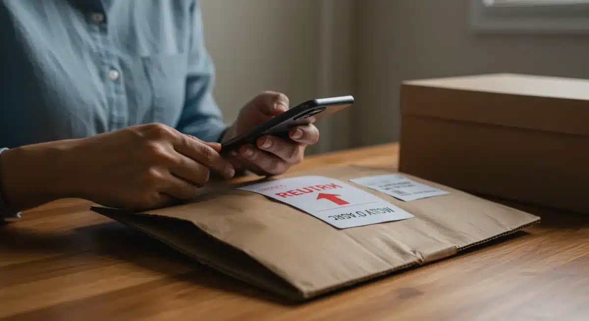 Cliente revisando una etiqueta de devolución de ropa online con un smartphone, analizando las nuevas políticas de 2026.