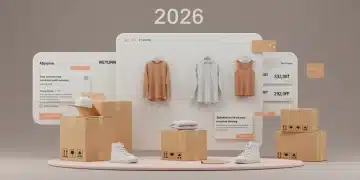 Interfaz de e-commerce de ropa online con cajas de envío y etiquetas de devolución, reflejando las políticas y cambios en 2026.