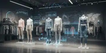 Futuristic e-commerce clothing platform interface with market data overlays