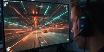 Gamer concentrado frente a un monitor de alta tasa de refresco (144Hz+) para 2026, con una escena de eSports vibrante en pantalla.