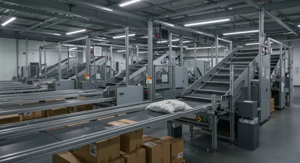 Centro logístico automatizado gestionando paquetes de ropa, destacando la eficiencia en el envío y las devoluciones en 2026.