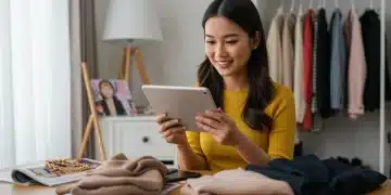 Mujer comprando ropa de alta calidad online con una tableta, sonriendo y rodeada de moda.
