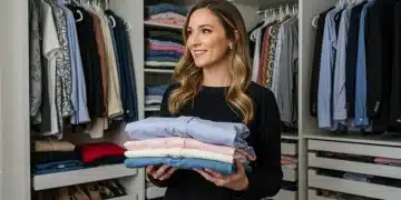 Woman organizing her closet with affordable stylish outfits