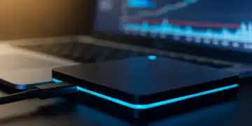 Dispositivo SSD externo futurista conectado a una laptop, mostrando gráficos de transferencia de datos de alta velocidad.