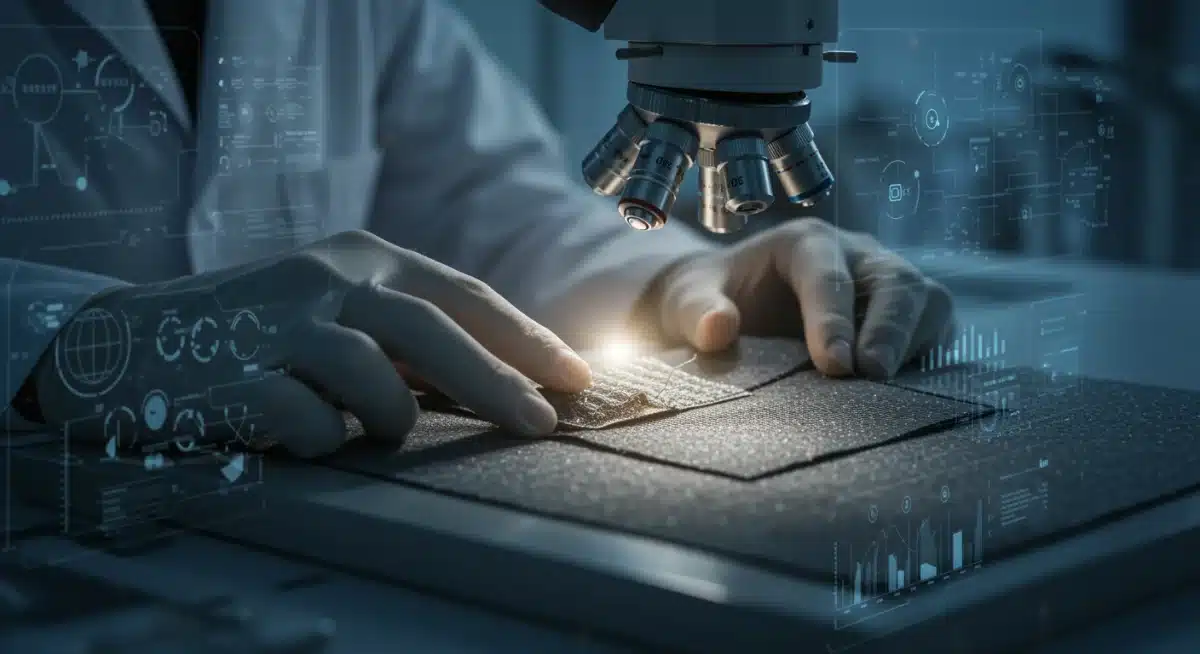 Textile engineer examining smart fabric under microscope with digital data