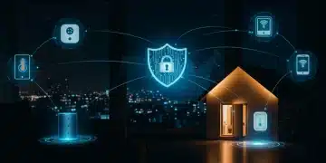 Hogar inteligente futurista en Estados Unidos con dispositivos IoT conectados, protegido por un escudo digital de ciberseguridad.