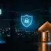Hogar inteligente futurista en Estados Unidos con dispositivos IoT conectados, protegido por un escudo digital de ciberseguridad.