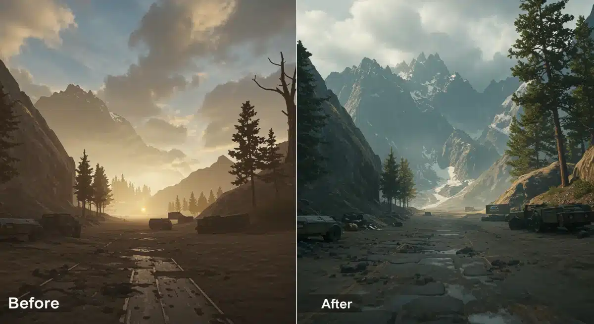 Comparación de gráficos de videojuegos 'antes' y 'después' de una actualización de software, mostrando texturas y efectos de luz mejorados.