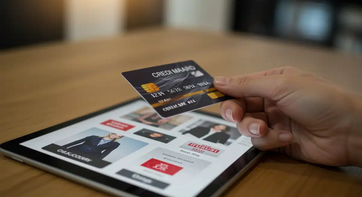 Detalle de mano realizando una compra en línea de moda de diseñador con tarjeta de crédito.