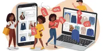 Mujeres y hombres felices comprando ropa de diseñador con descuentos en línea en Estados Unidos.