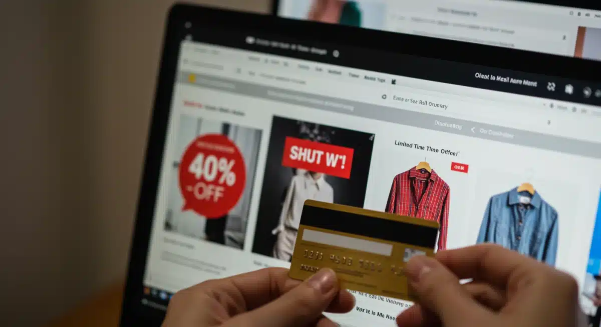 Pantalla de computadora mostrando sitios web de ropa con descuentos del 40%, destacando cómo identificar ofertas de ropa online en EE. UU. auténticas.