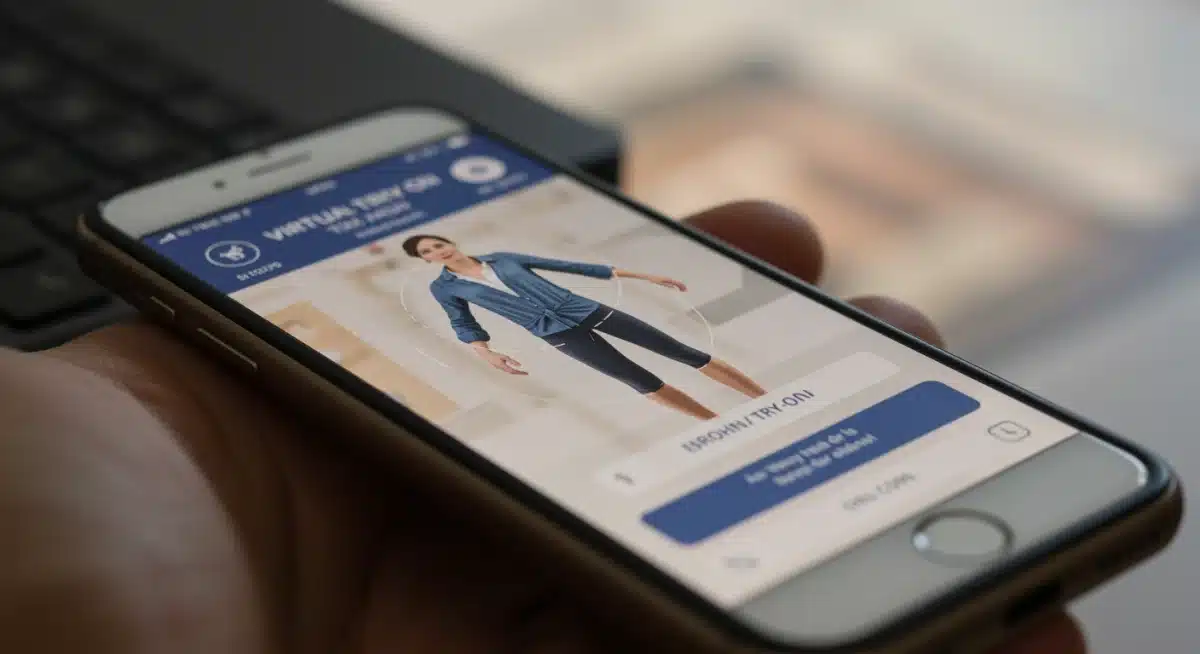 Pantalla de smartphone con prueba de ropa virtual usando realidad aumentada, ilustrando cómo aprovechar las tendencias de moda digital 2026 en compras.