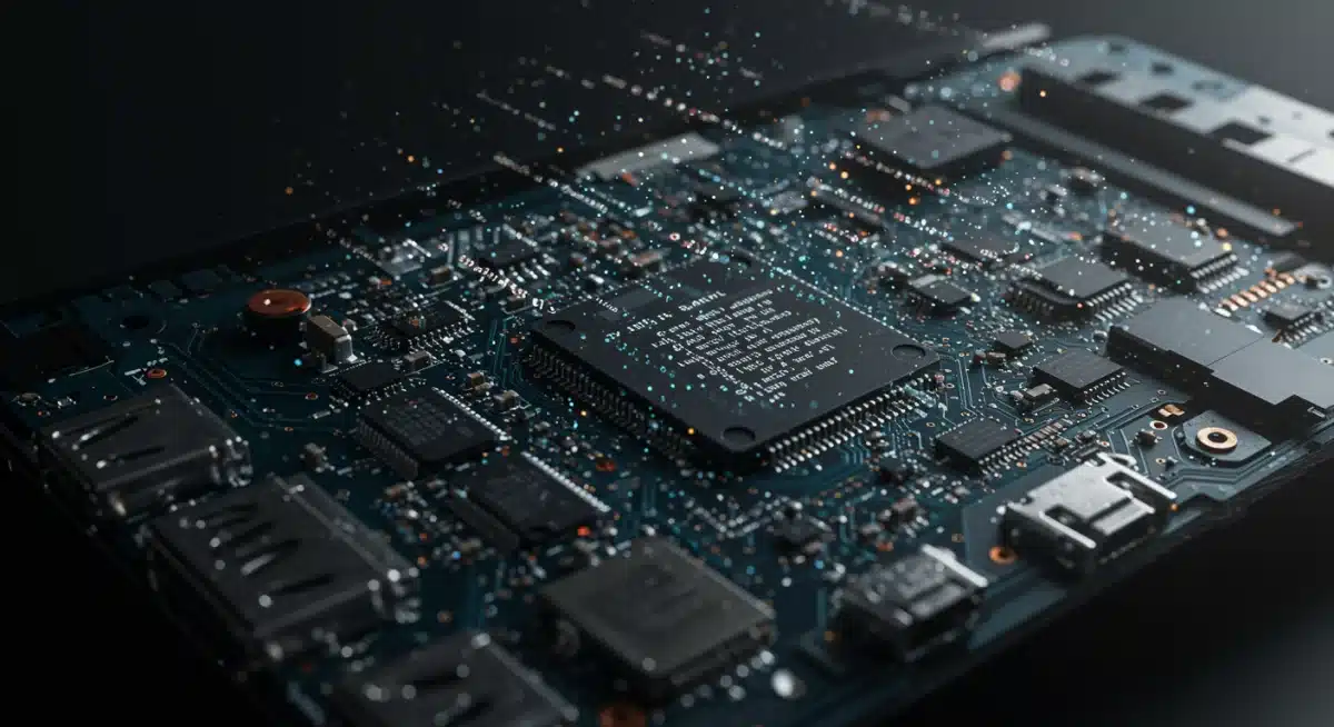 Placa de circuito de un televisor inteligente con flujos de datos digitales, representando mejoras de rendimiento por firmware.