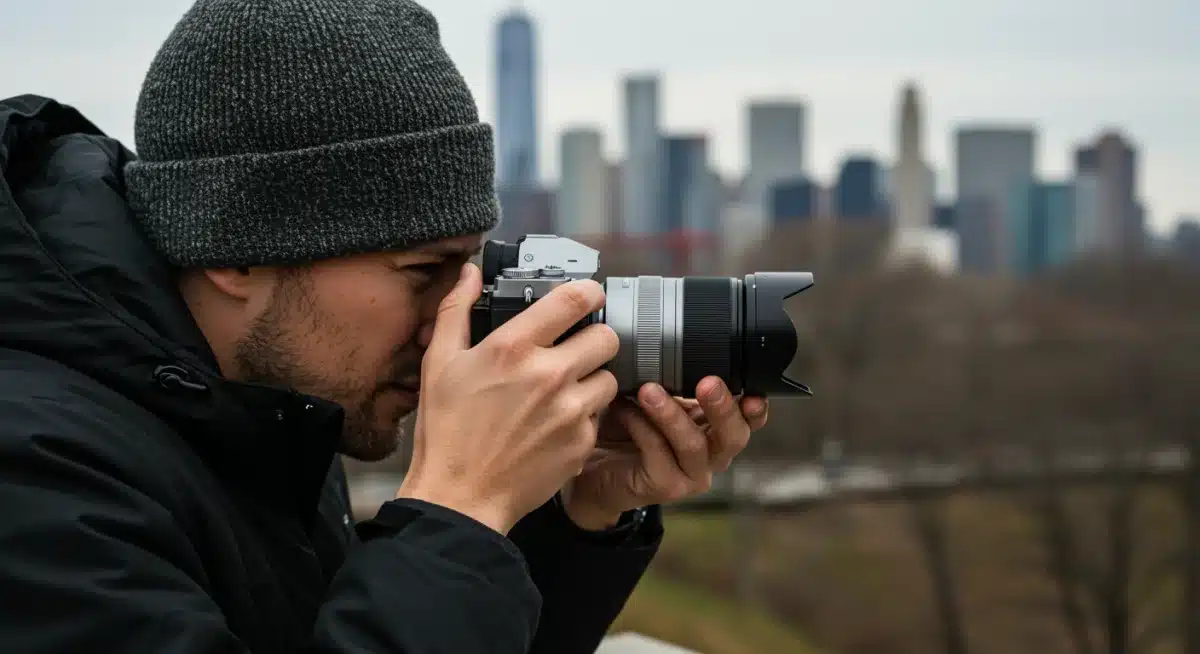 Fotógrafo profesional usando una cámara sin espejo en un paisaje urbano de Estados Unidos, destacando la portabilidad.