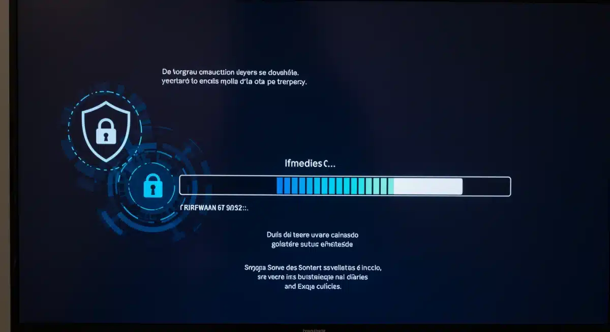 Pantalla de televisor inteligente mostrando una barra de progreso de actualización de firmware con iconos de seguridad digital.