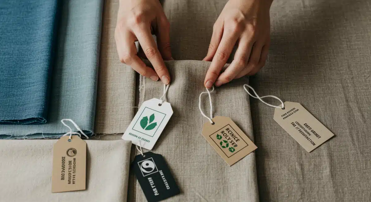 Manos examinando tejidos sostenibles y etiquetas de certificación