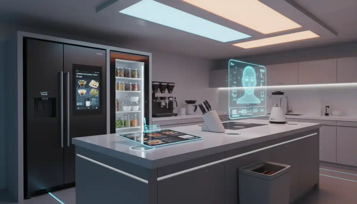 Cocina inteligente automatizada con asistente de IA y electrodomésticos conectados, facilitando la vida diaria.