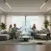 Sala de estar futurista con tecnologías de hogar inteligente integradas en 2026, mostrando comodidad y automatización avanzada.