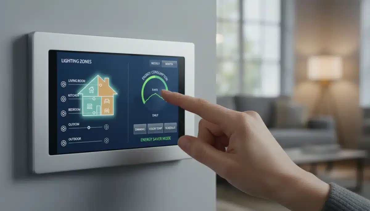Panel de control de casa inteligente para gestión de iluminación y ahorro energético.