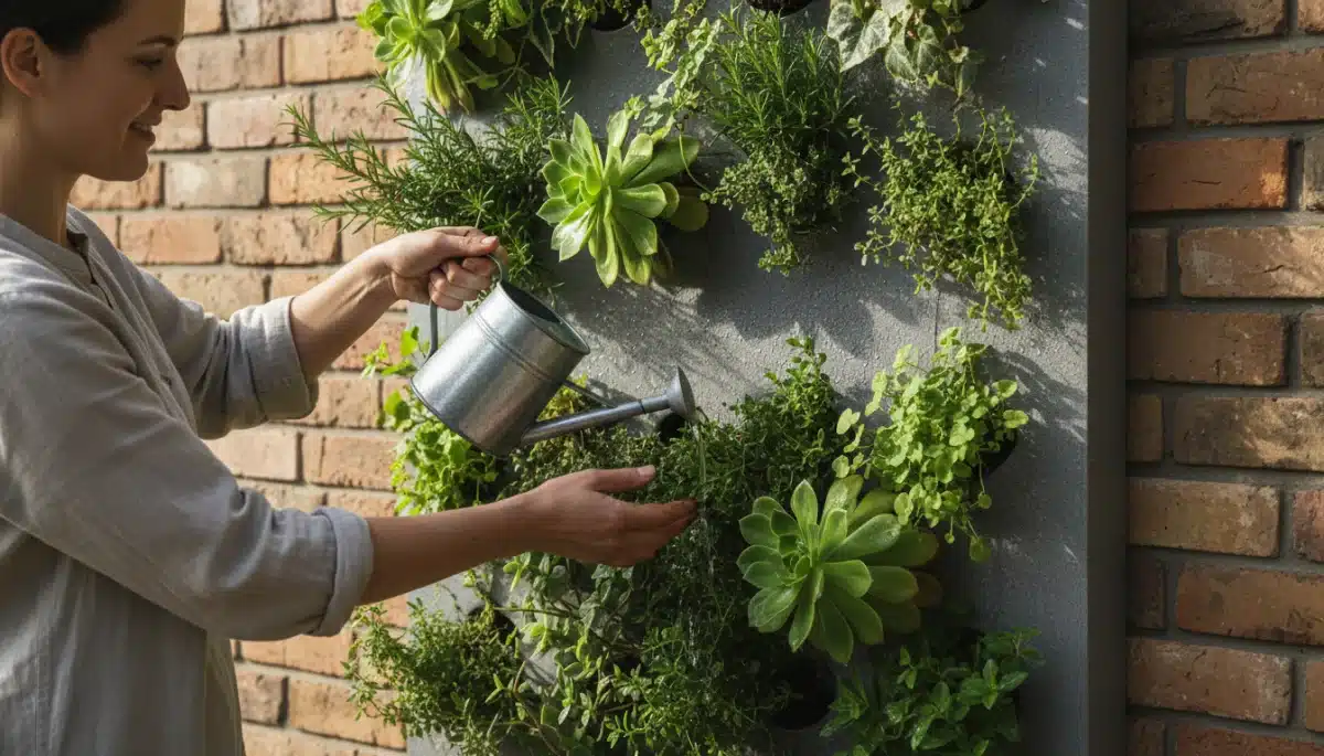 Persona regando un jardín vertical con una regadera, mostrando el cuidado y mantenimiento esencial para su crecimiento.