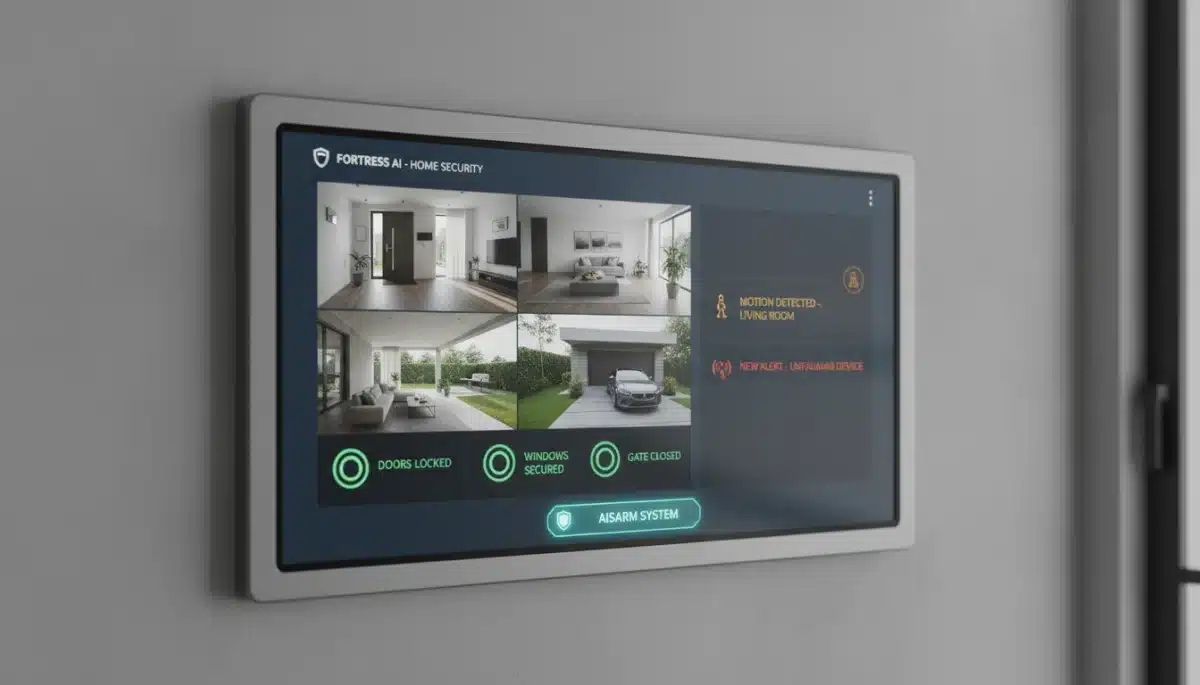 Pantalla de sistema de seguridad para el hogar inteligente mostrando cámaras y control de accesos para mayor protección.