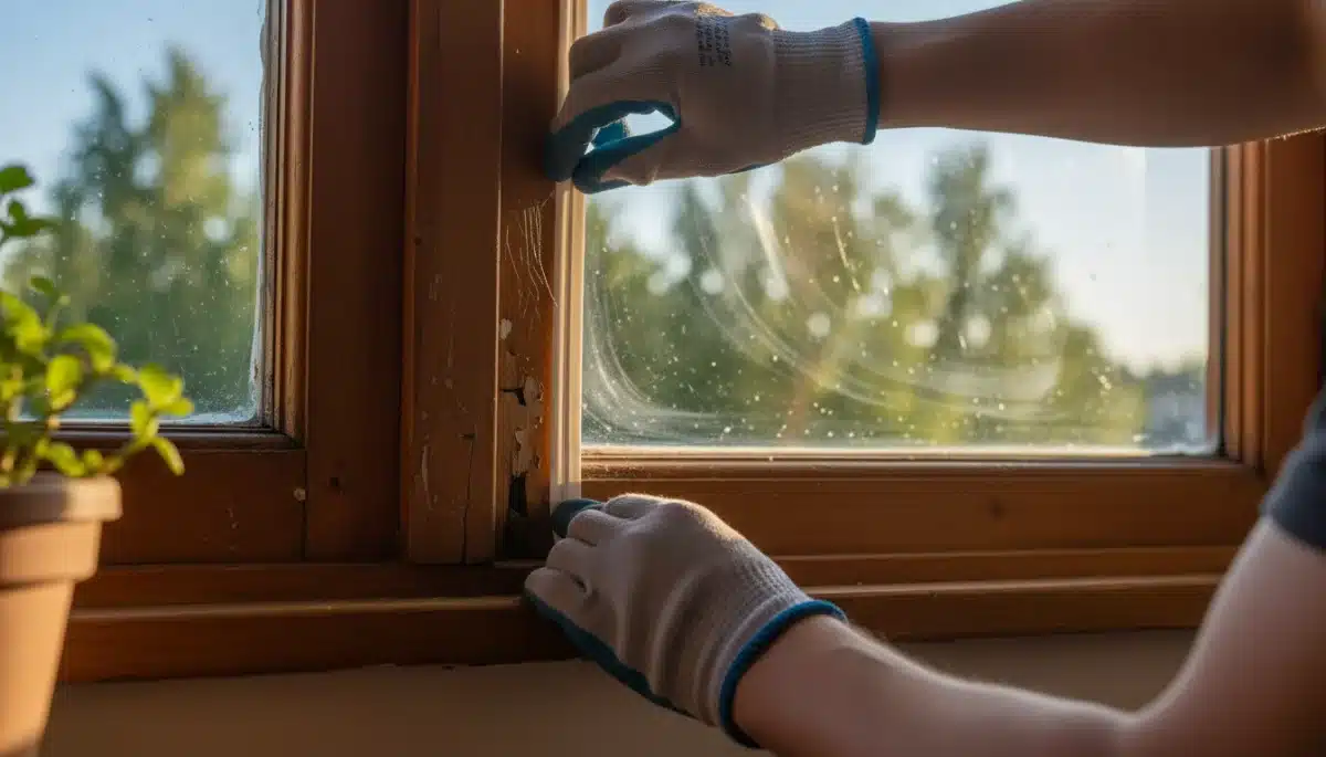 Persona sellando una ventana con burletes para evitar fugas de aire y ahorrar energía.
