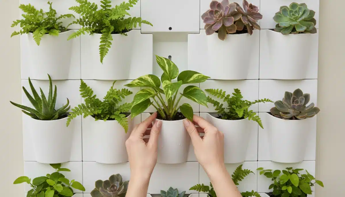 Detalle de un sistema modular de jardín vertical, con manos colocando una planta en un bolsillo, ideal para principiantes.