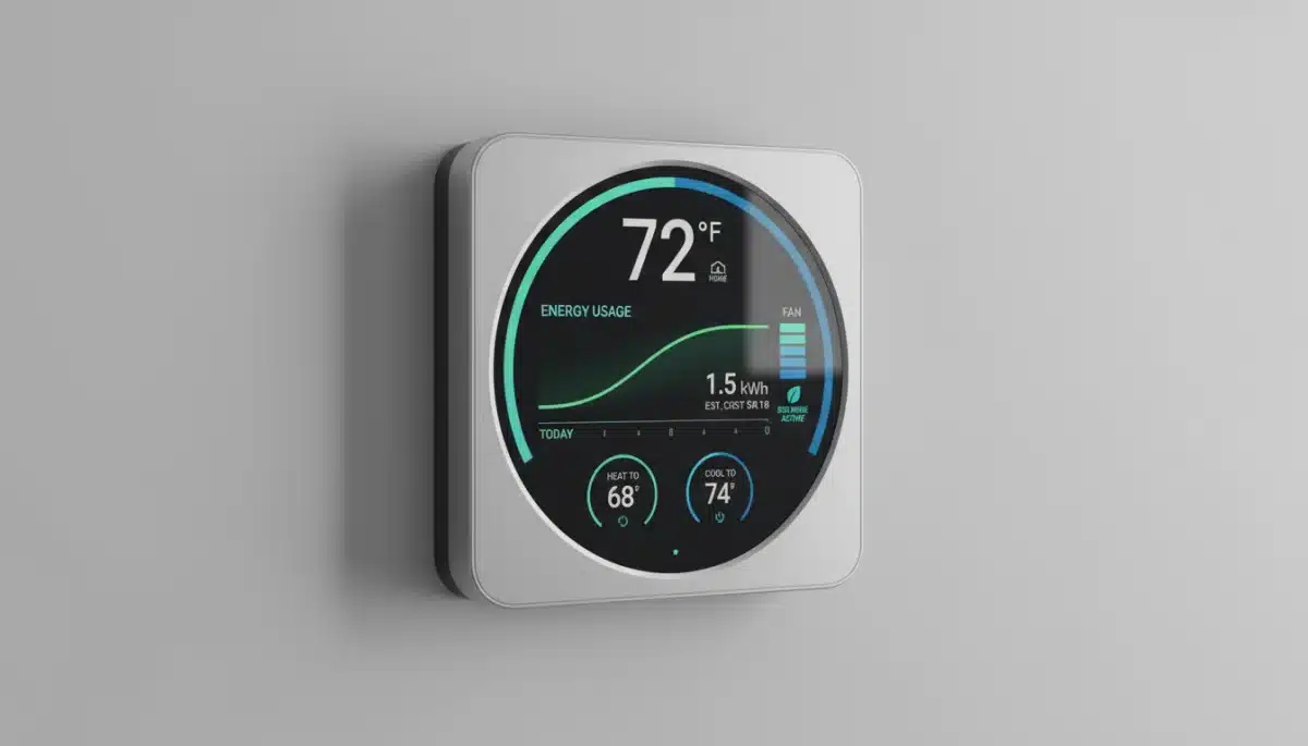 Termostato inteligente mostrando el consumo de energía, una herramienta clave para el ahorro en el hogar.