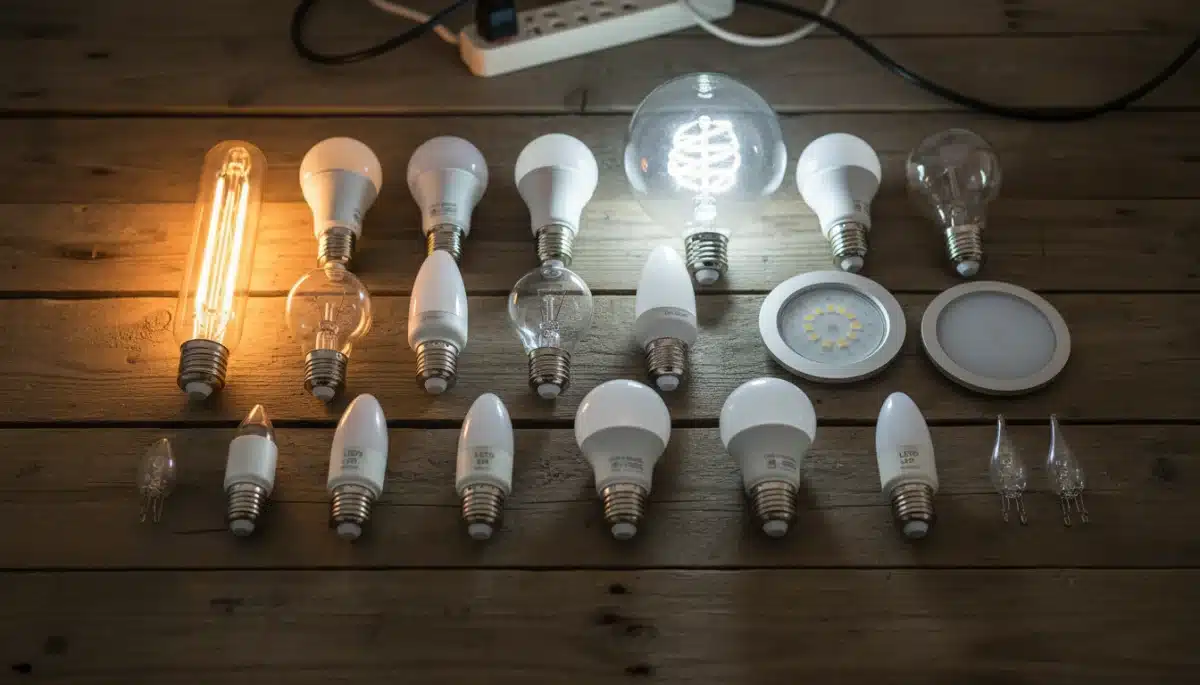 Variedad de bombillas LED de bajo consumo energético para el hogar moderno.
