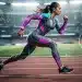Atleta usando ropa deportiva tecnológica de vanguardia en una pista, mostrando funcionalidad avanzada.