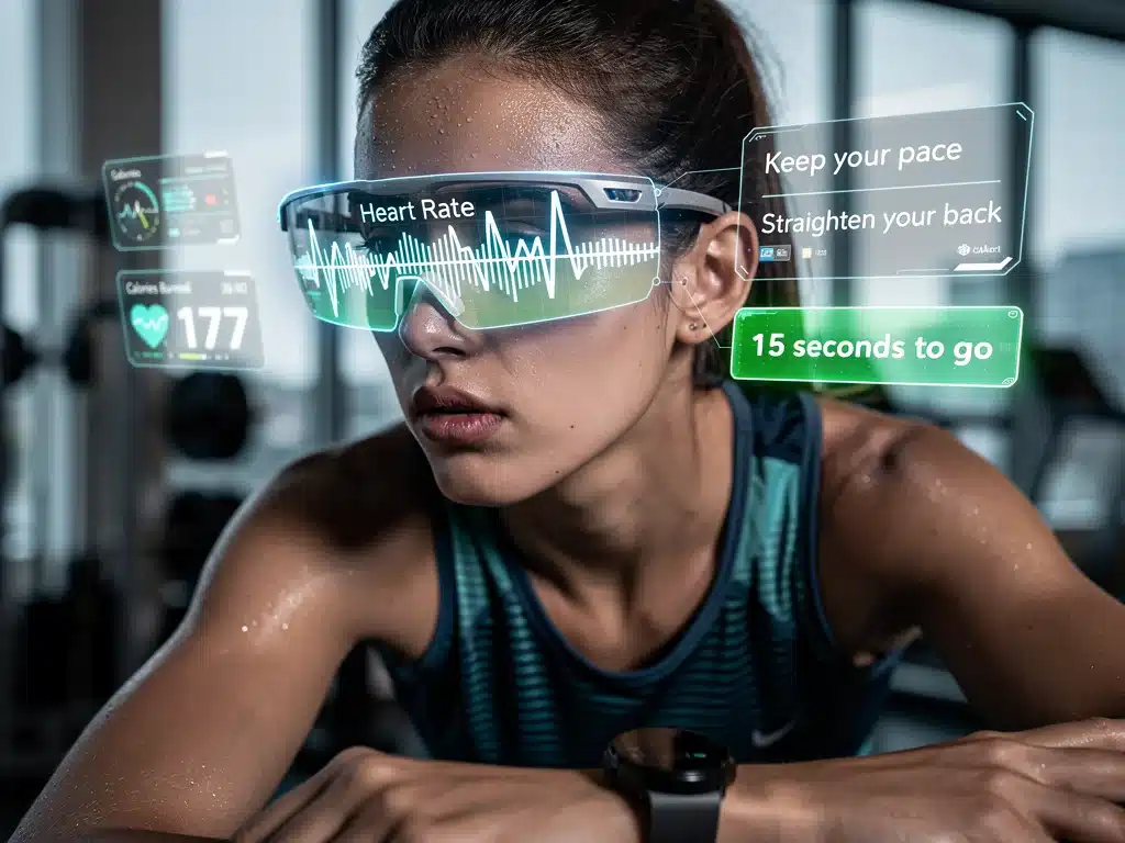 Persona entrenando con gafas de realidad aumentada que muestran métricas de rendimiento en tiempo real.