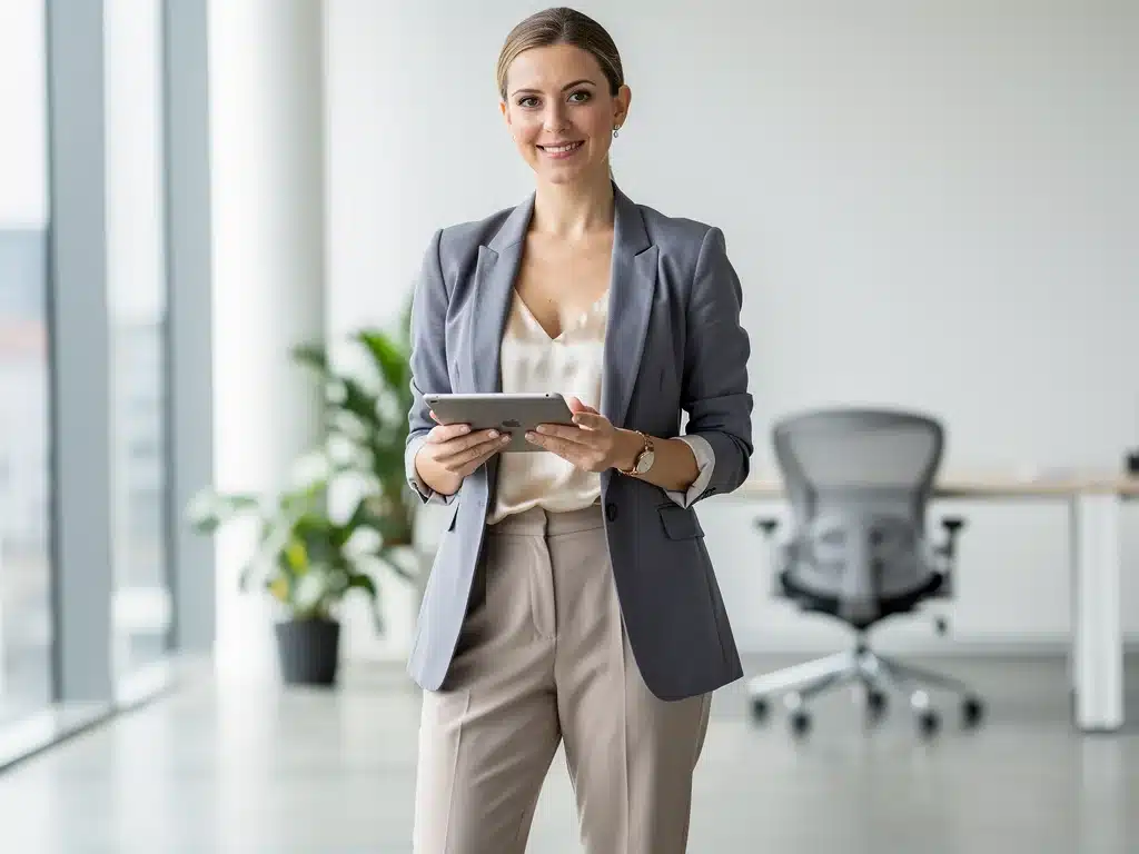 Mujer profesional con blazer y pantalón cómodo, reflejando el estilo smart casual de la moda oficina reinventada.
